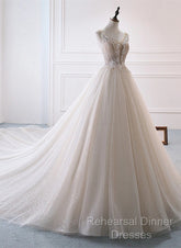 Ivory Tulle With Lace Long Wedding Party Dress With Sweep Train, Ivory Formal Dress